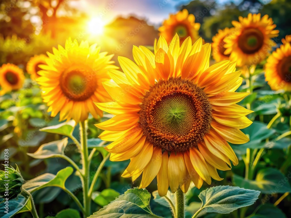 Fototapeta premium Sunflowers blaze, vibrant against lush green leaves; mouthwatering outdoor food photography.