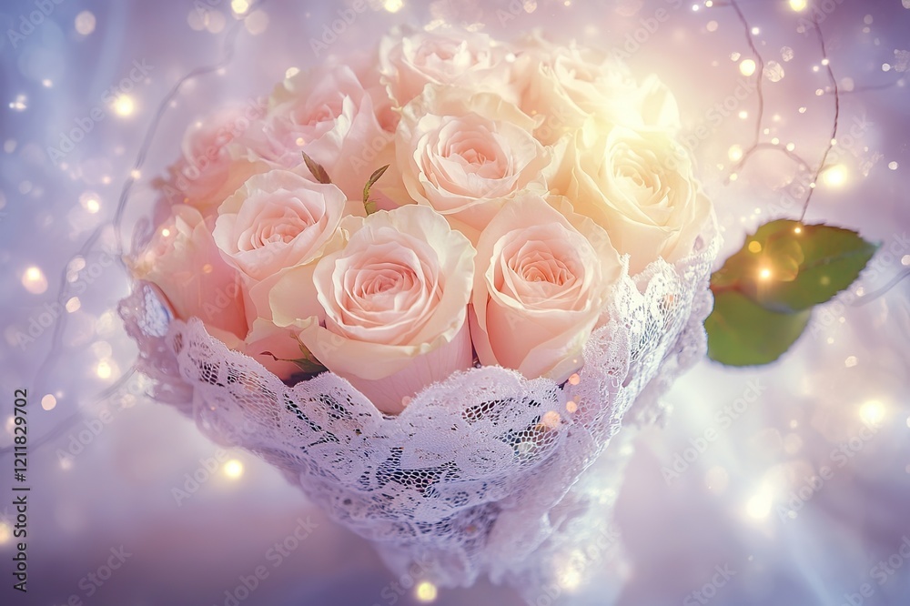 Fototapeta premium A delicate bouquet of roses wrapped in lace, glowing softly under twinkling lights, set against a dreamy, blurred background.
