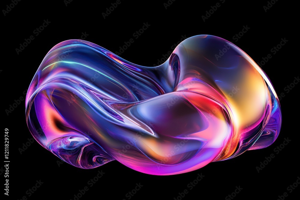 Abstract, colorful, curved shapes on a black background, with a liquid glass texture, gradient effect, and iridescent colors, in a futuristic style. Abstract, colorful, curved shapes on a black background, with a liquid glass texture, gradient effect, and iridescent colors, in a futuristic style.