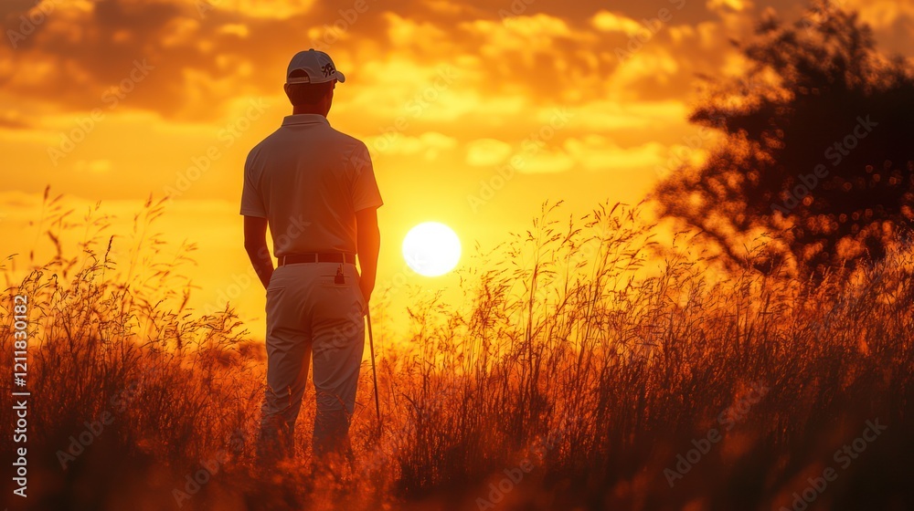 Golfer Silhouetted Against a Vibrant Sunset Golfer Silhouetted Against a Vibrant Sunset