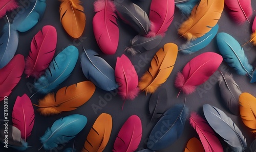 Colorful feathers scattered on dark background, flat lay, design element photo