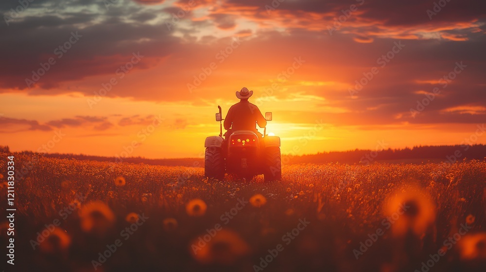 Fototapeta premium Sunset Silhouette of Farmer on Tractor in Field