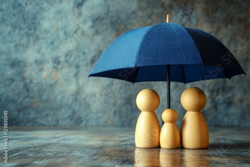Wallpaper Mural Umbrella and wooden dolls with copy space. Family protection and insurance coverage concept., Generative AI Torontodigital.ca