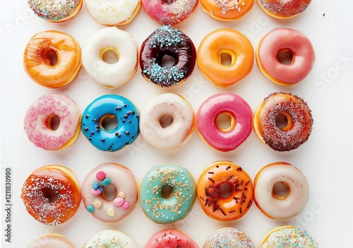 Set of various colorful donuts on a solid background photo