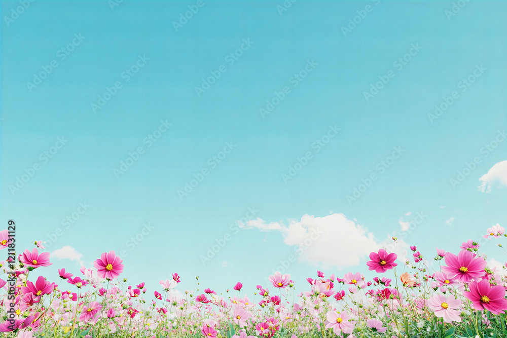 Vibrant cosmos flowers blooming under a bright blue sky with fluffy clouds, capturing a cheerful and serene summer scene perfect for seasonal designs, nature themes, and floral decor Vibrant cosmos flowers blooming under a bright blue sky with fluffy clouds, capturing a cheerful and serene summer scene perfect for seasonal designs, nature themes, and floral decor