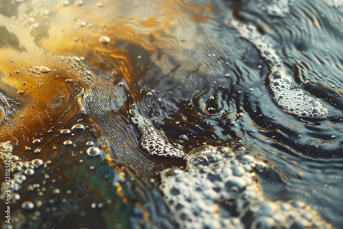 Photo of Bubbly crude oil in dark pond. Background texture for backdrops or mapping photo