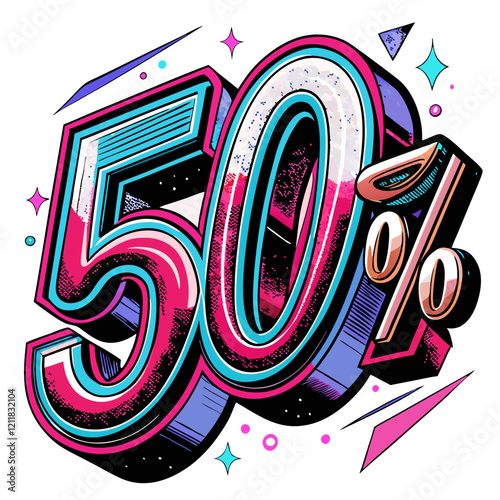Bold Retro 50% Discount Illustration in Vibrant Colors and Dynamic Style
