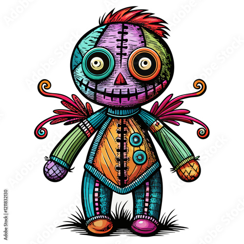 Colorful Patchwork Voodoo Doll with Buttons and Stitching in Quirky
