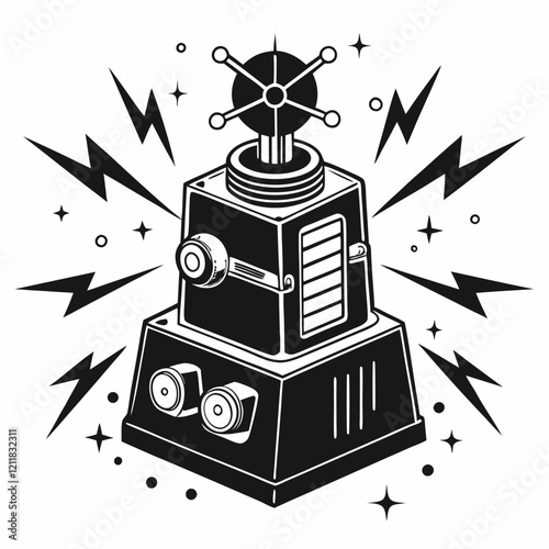 Retro Futuristic Robot Illustration with Lightning Bolts and Star Accents