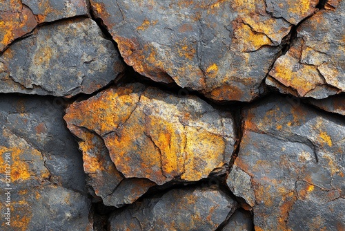 Textured rock surface with orange and gray tones found in nature, showcasing geological features and color variations photo