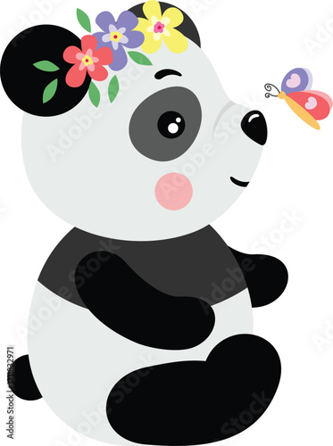 Panda with Flowers and Butterfly