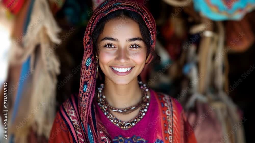 Femme orientale souriante avec des vêtements colorées devant sa boutique