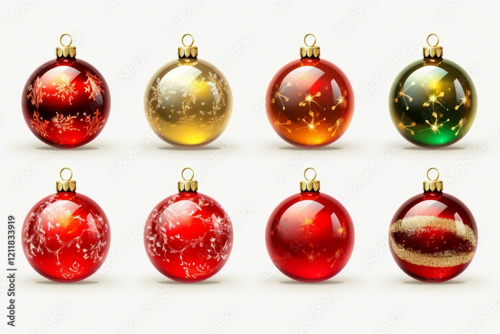 Eight colorful and shiny christmas balls with different patterns are hanging on white background, creating a festive atmosphere Eight colorful and shiny christmas balls with different patterns are hanging on white background, creating a festive atmosphere