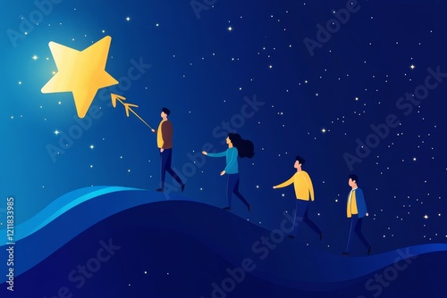 Business people walking up at the stars with arrow, which shows the growth up, success and financial developing. Business concept illustration, Generative AI