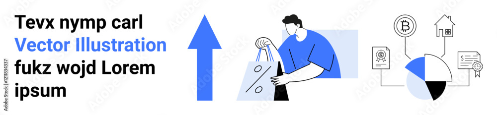 Man carrying shopping bags, large upward arrow, and financial symbols including pie chart and money. Ideal for economic growth, business development, finance, market trends, shopping, investments