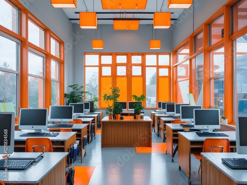 Sleek Modern Classroom with Bold Orange Windows Illuminating the Space with Natural Light, and Six Square Ceiling Lamps Casting a Cozy, Warm Glow for a Comfortable Learning Environment photo