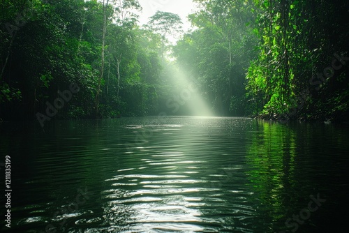 Serene river flows through lush green rainforest with sunlight filtering through trees at dawn