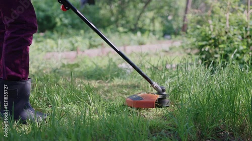 A skilled gardener expertly uses a trimmer to maintain a perfectly tidy lawn amidst lush, vibrant green foliage