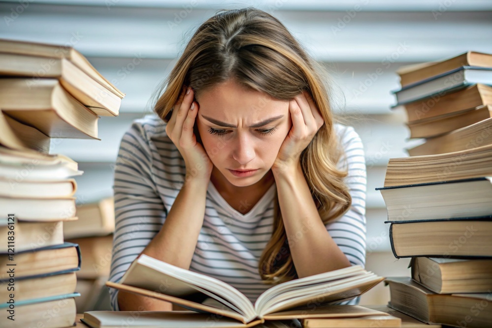 Reads, prepares for exams. use. Admission to the institute. A young girl holds her head among many books, stays at home and studies. Reads, prepares for exams. use. Admission to the institute. A young girl holds her head among many books, stays at home and studies.
