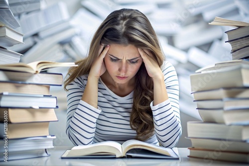Reads, prepares for exams. use. Admission to the institute. A young girl holds her head among many books, stays at home and studies.