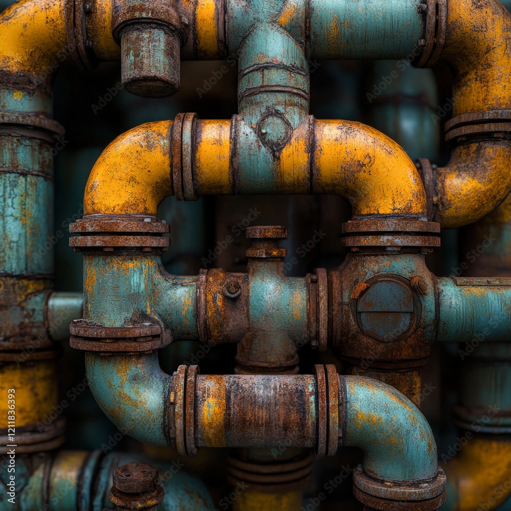 Industrial pipes with a weathered texture and vibrant yellow and turquoise colors create an intriguing visual, This image is perfect for themes of decay, industry, or urban exploration, Industrial pipes with a weathered texture and vibrant yellow and turquoise colors create an intriguing visual, This image is perfect for themes of decay, industry, or urban exploration,