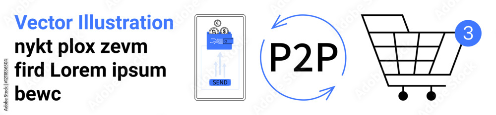 Mobile device, peer-to-peer P2P transaction symbol, shopping cart icon with 3 badge. Ideal for e-commerce, online shopping, digital payments, transactions, consumer technology, retail. Landing page Mobile device, peer-to-peer P2P transaction symbol, shopping cart icon with 3 badge. Ideal for e-commerce, online shopping, digital payments, transactions, consumer technology, retail. Landing page