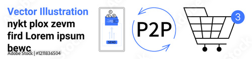 Mobile device, peer-to-peer P2P transaction symbol, shopping cart icon with 3 badge. Ideal for e-commerce, online shopping, digital payments, transactions, consumer technology, retail. Landing page