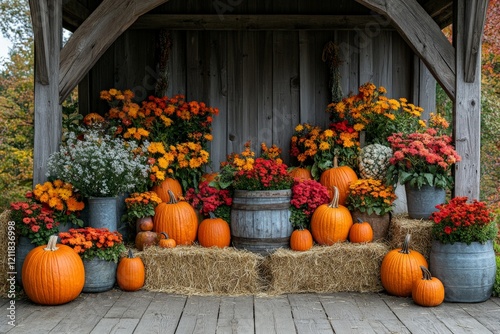 Fall harvest display with vibrant pumpkins and colorful flowers in a rustic setting during autumn photo