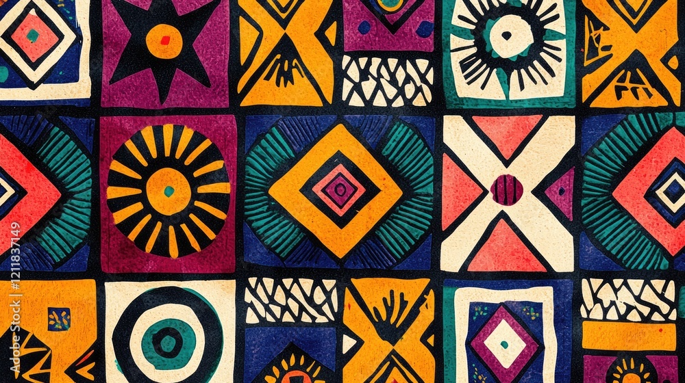 A vibrant African geometric pattern featuring traditional motifs and colors, perfect for textiles and decor A vibrant African geometric pattern featuring traditional motifs and colors, perfect for textiles and decor