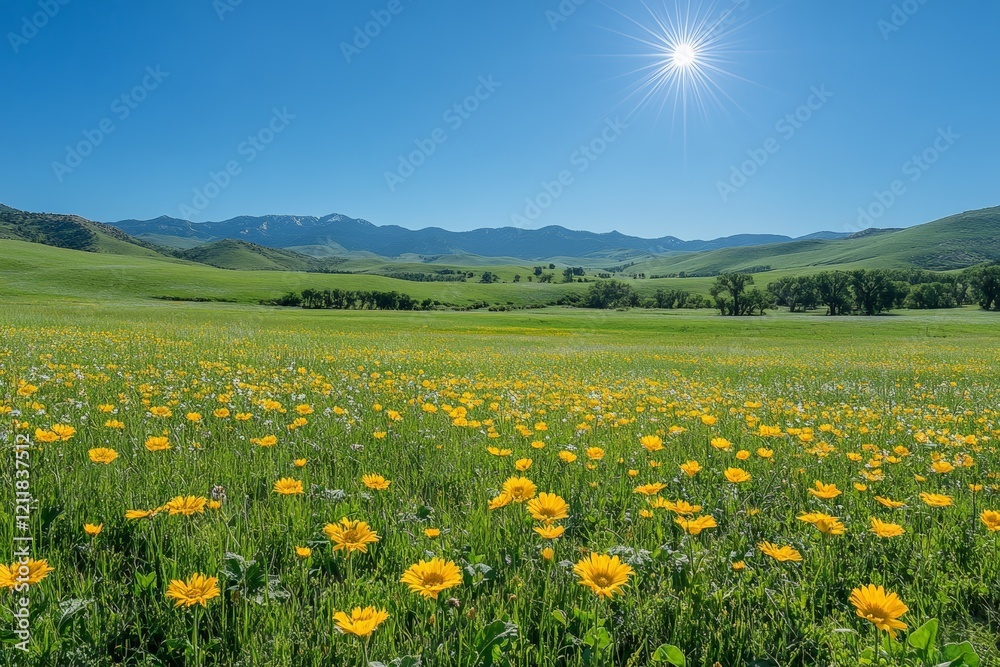 Obraz premium Bright yellow wildflowers bloom in a sunlit meadow against a backdrop of mountains during midday