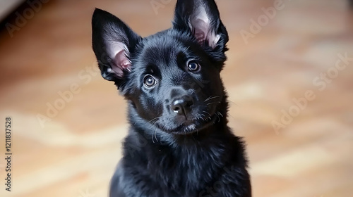 Adorable black puppy indoors, curious expression, wooden floor background, perfect for pet adoption websites photo