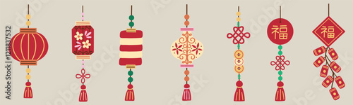 Chinese New Year traditional lanterns and lucky charms. Hand drawn vector illustrations.