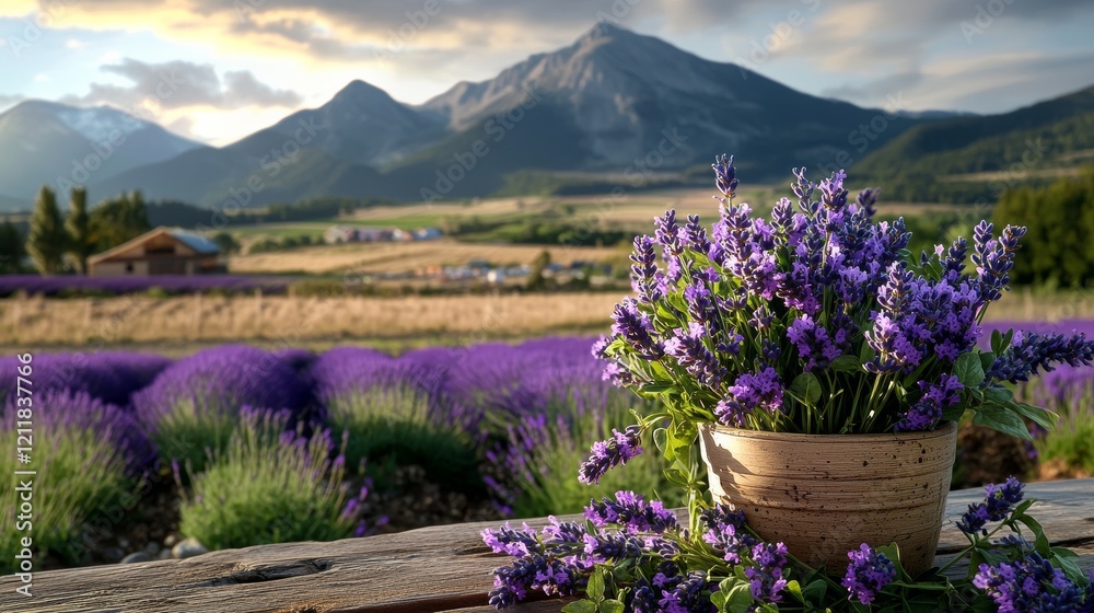 Obraz premium Exploring the Heartwarming Essence of First Love Captured in Lavandula on a Wooden Table