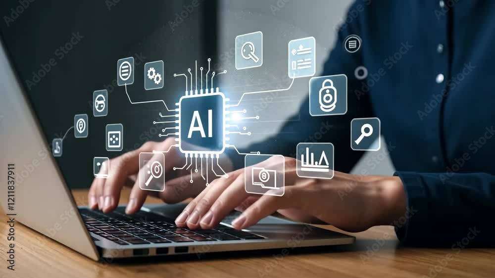 Typing, laptop and AI concept with person working in office for digital technology. Artificial intelligence, online learning and education with computer for network or software