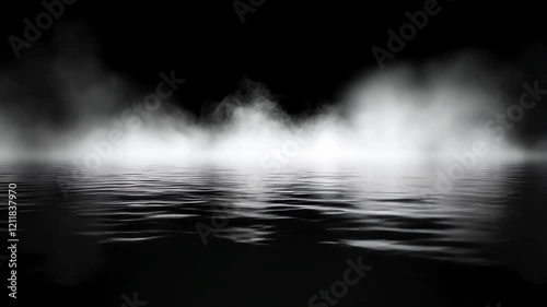 Mysterious mist rising over calm water surface creating an enigmatic atmosphere with dark background and soft reflections enhancing the tranquil scene.