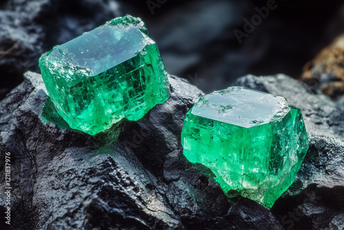 Raw emeralds embedded in dark minerals showcase stunning natural beauty and richness in color and texture