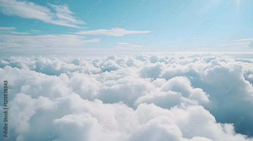 Aerial view of fluffy cloudscape, serene sky, above-the-clouds perspective, ideal for travel or tranquility themes Aerial view of fluffy cloudscape, serene sky, above-the-clouds perspective, ideal for travel or tranquility themes