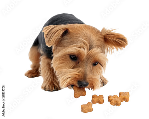 small dog is happily eating treat on transparency background, showcasing its playful nature and love for snacks photo