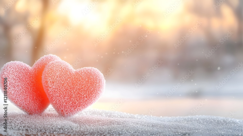 Fototapeta premium Unique Valentine s Day banner featuring stylized hearts on a snow covered winter landscape with a bike set against a serene frozen backdrop perfect for holiday marketing and festive designs
