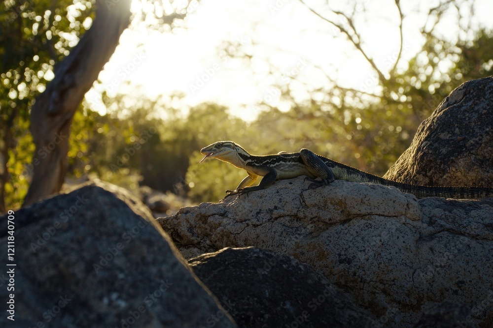 Obraz premium A goanna basking on sun-warmed rocks in the Australian bush, its tongue flicking out in search of scents