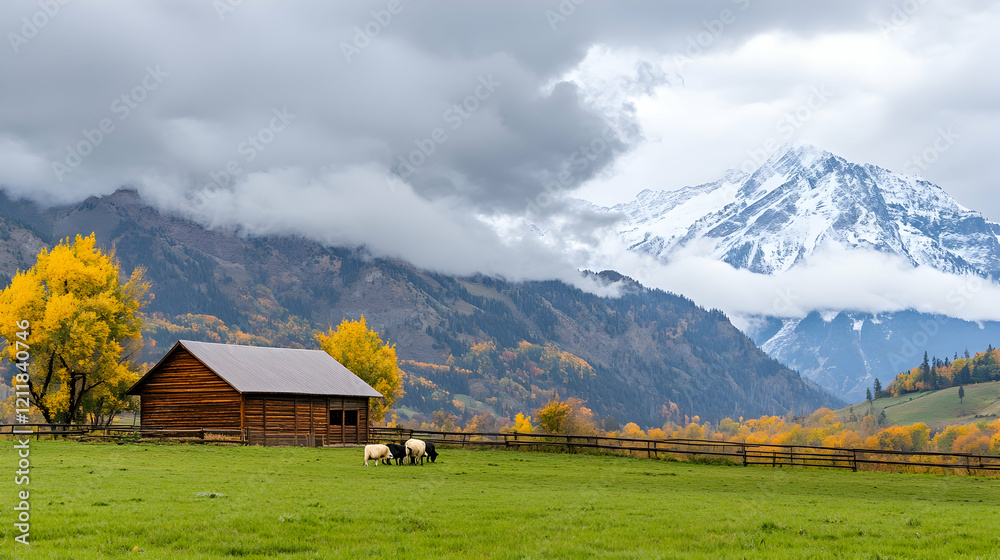 Autumnal mountain ranch with horses grazing, cloudy sky, scenic background ideal for tourism brochures Autumnal mountain ranch with horses grazing, cloudy sky, scenic background ideal for tourism brochures