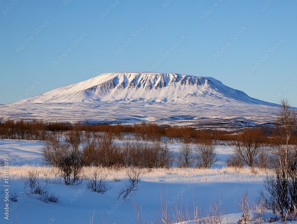 Fototapeta premium Snowy mountain landscape at sunrise, winter tundra