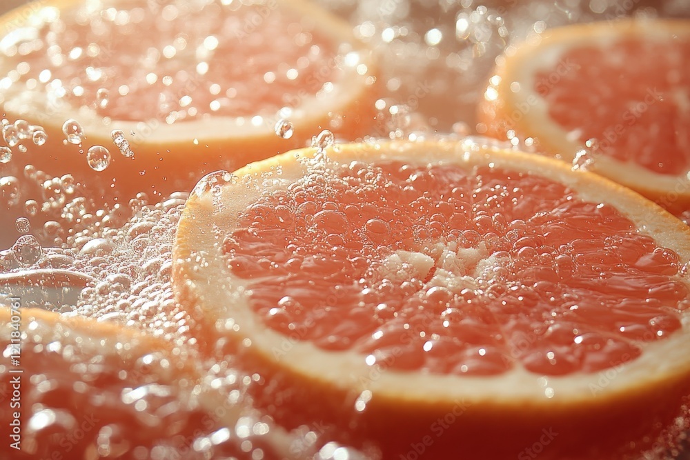 Refreshing Grapefruit Slices submerged in Sparkling Water, close-up view. Perfect for beverage, health, or summer themes. Refreshing Grapefruit Slices submerged in Sparkling Water, close-up view. Perfect for beverage, health, or summer themes.