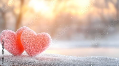 Unique Valentine s Day banner featuring stylized hearts on a snow covered winter landscape with a bike set against a serene frozen backdrop perfect for holiday marketing and festive designs photo