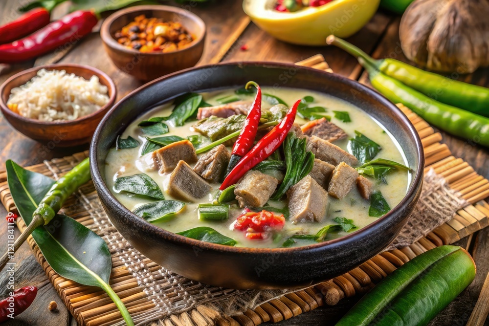 Authentic Filipino laing: spicy taro leaves simmered in rich coconut milk, a classic dish. Authentic Filipino laing: spicy taro leaves simmered in rich coconut milk, a classic dish.