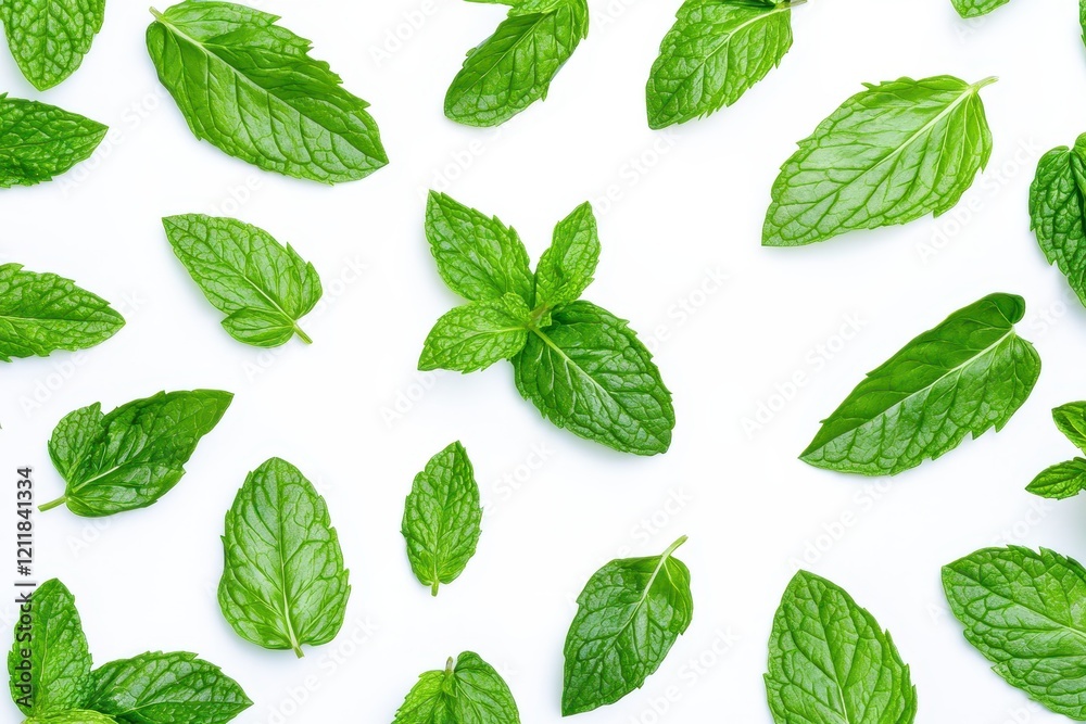 Fresh mint leaves pattern, white background, food design Fresh mint leaves pattern, white background, food design