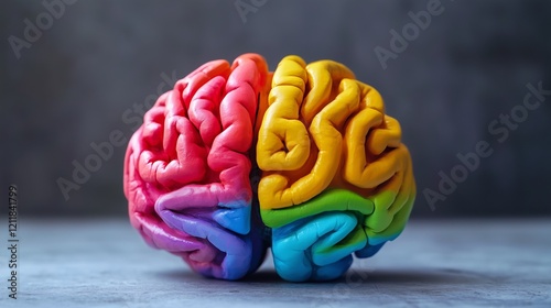 A detailed model of a brain features bright colors depicting the left and right hemispheres, highlighting its intricate structure and differences. Art and creativity concept.