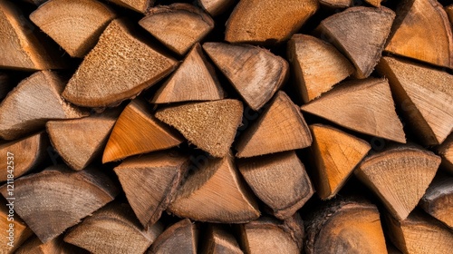 A close-up of neatly stacked firewood showing various wood textures and shapes, This image can be used for articles about home heating, outdoor living, or rustic decor, photo