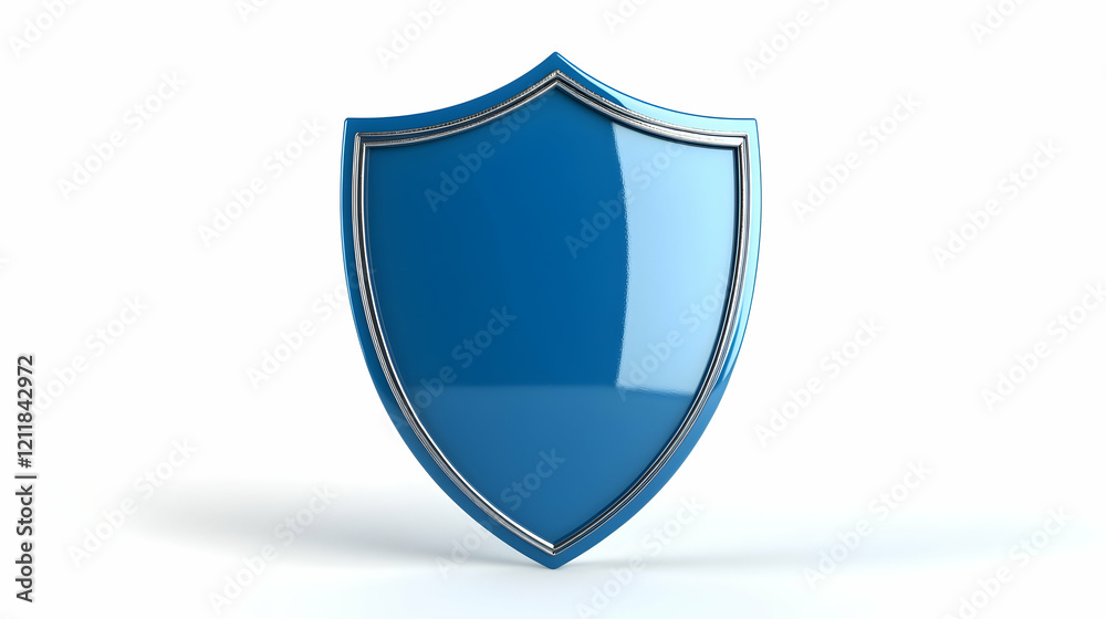 Blue metallic shield, security symbol, white background, protection concept, ideal for websites or presentations Blue metallic shield, security symbol, white background, protection concept, ideal for websites or presentations