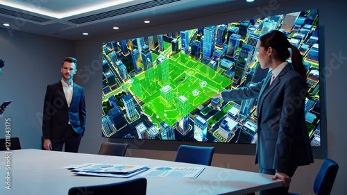 Business professionals discuss urban planning strategies in a modern conference room with interactive digital display